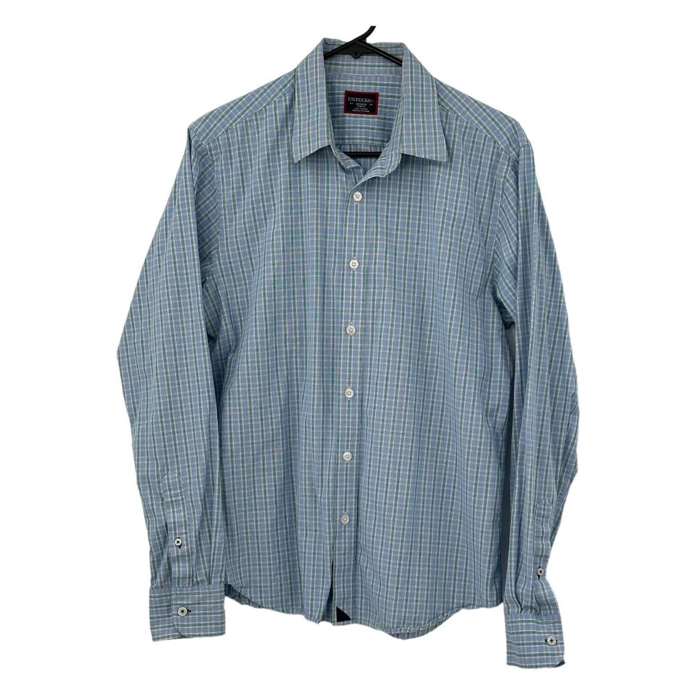 Untuckit Slim Fit Button Front Shirt Size Medium Blue Green Stripe 100% Cotton